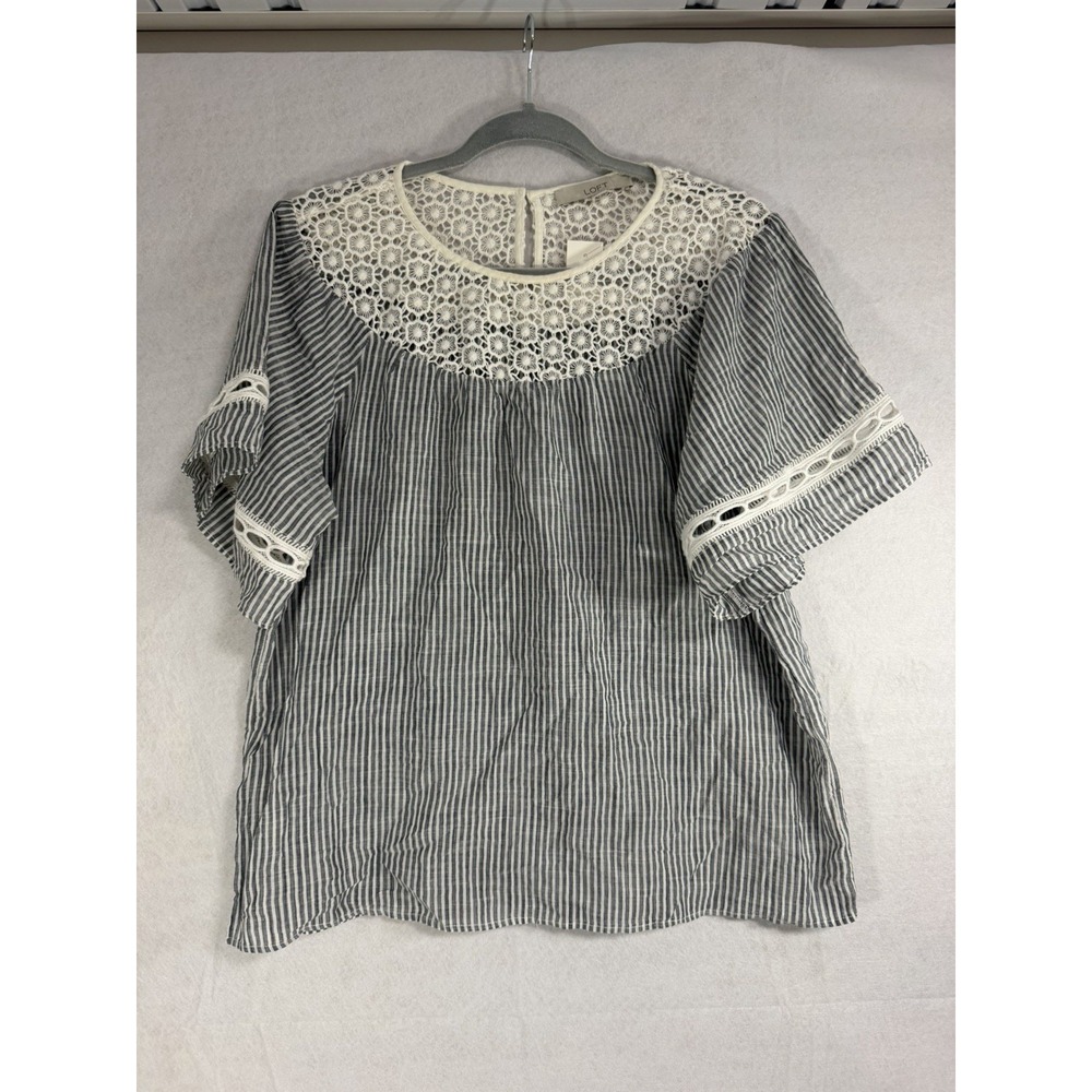 LOFT striped lace yoke blouse in New With Tags (NWT) condition, Gray & White, S